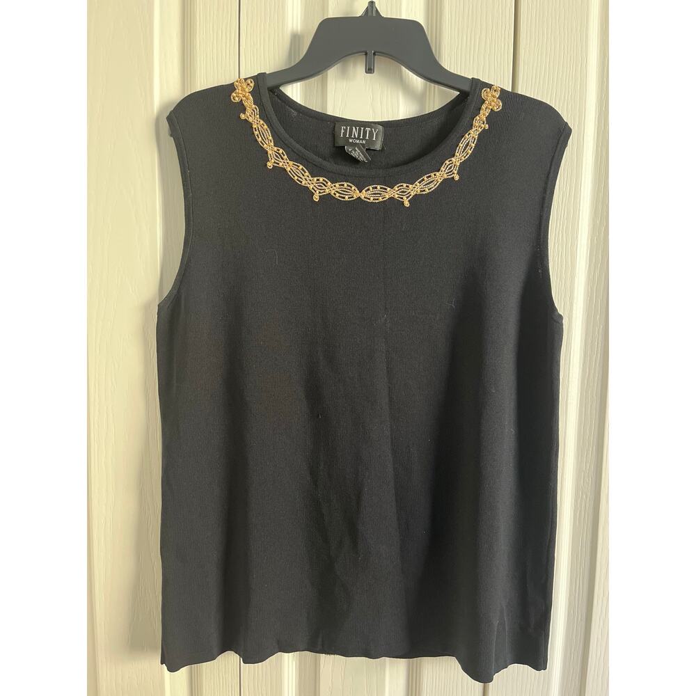 FINITY WOMAN Sleeveless Shell Sweater Top Black Stretch Knit Beaded Neckline 1X